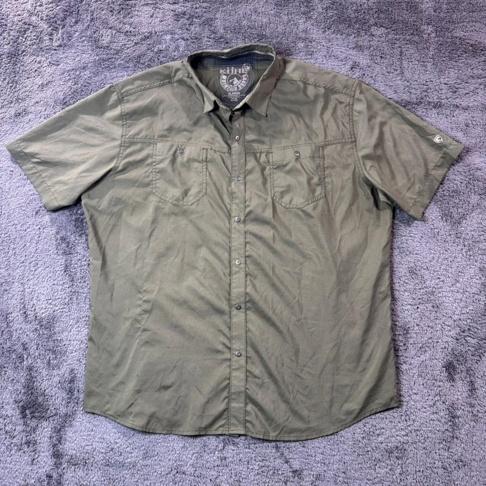 Kuhl Mens XL Olive Green Micro Check Short Sleeve Snap Button Hiking Shirt